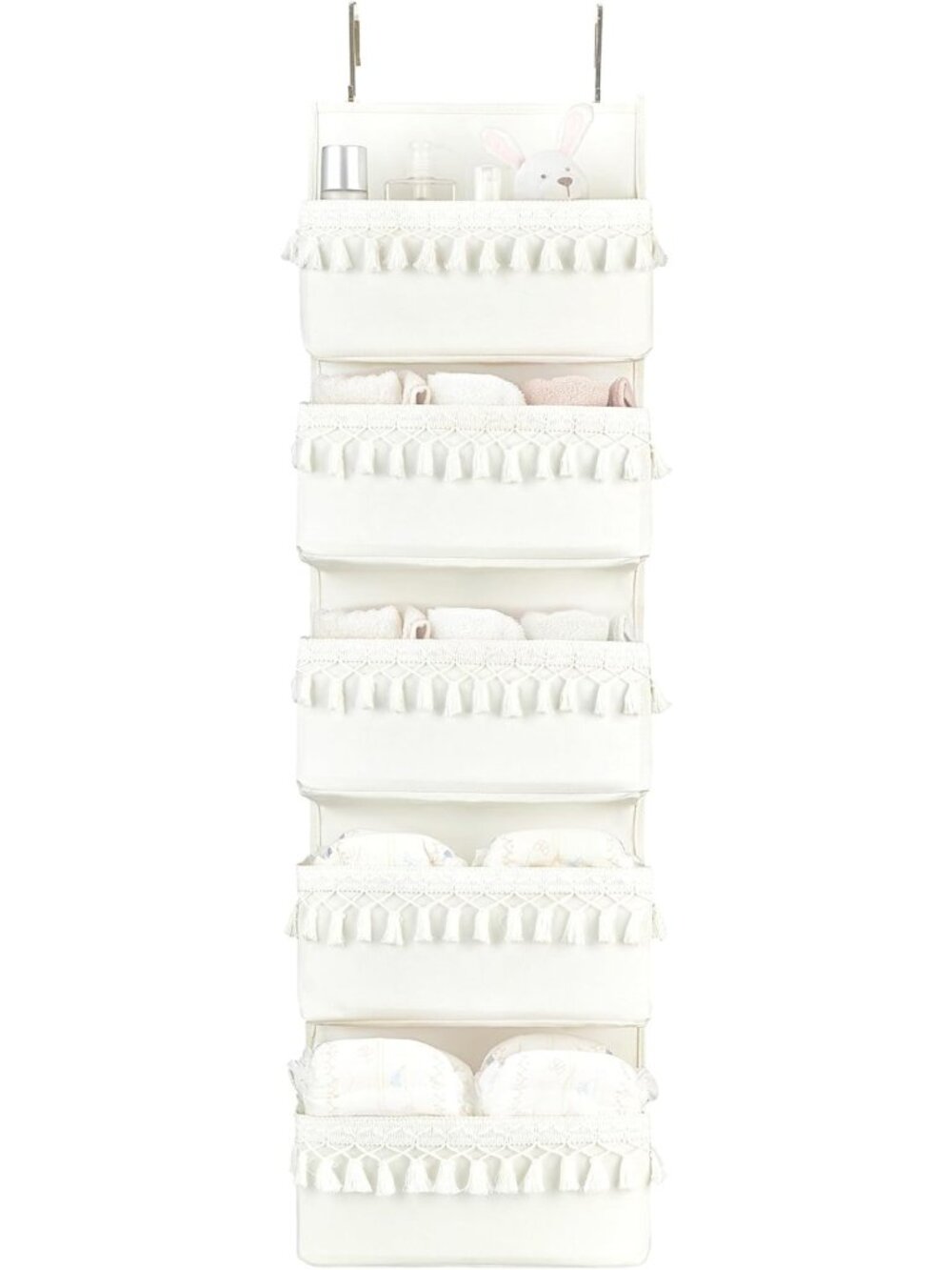 Boho Over The Door Organizer with Tassels - 5 Pocket Storage for Nursery